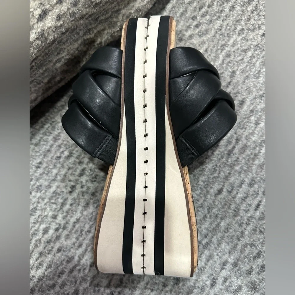 Vince Camuto black leather braided slides/sandals with cork soles and soft soles